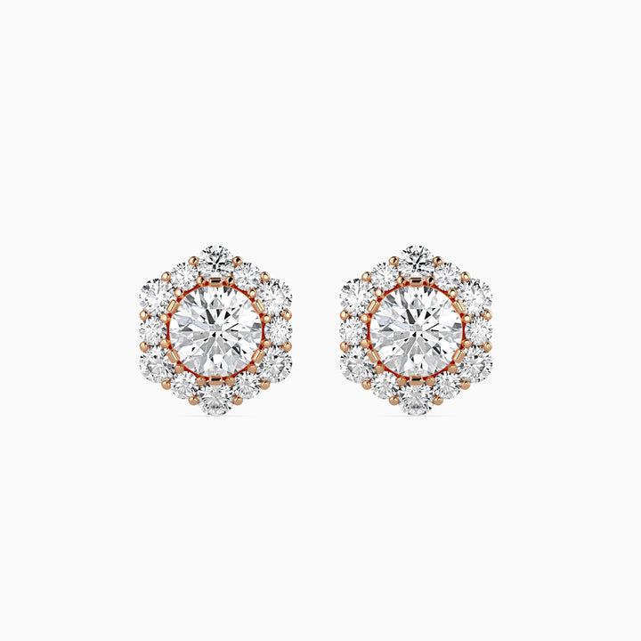 Round Brilliant Hex Halo Stud Diamond Earrings