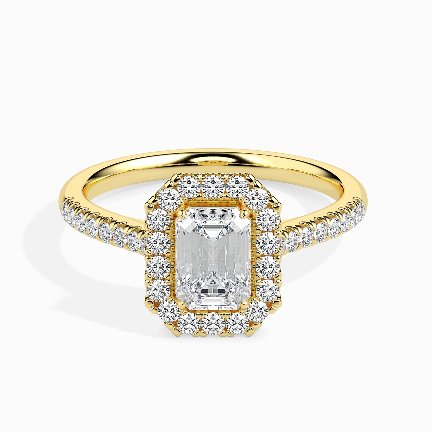 Emerald Cut Halo Pavé Band Diamond Ring